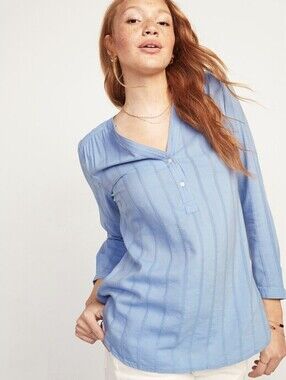 Old Navy Textured Dobby-Stripe Split-Neck Tunic Top Blue L Boho Casual Coastal